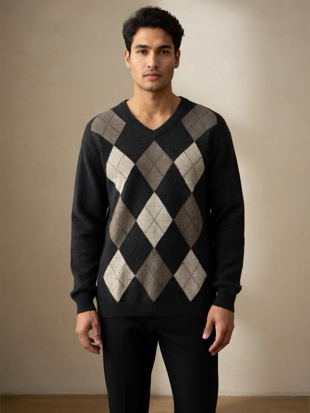 Davis & Squire 100% 2 Ply Cashmere Argyle V-Neck Sweater Charcoal Gray Old Money